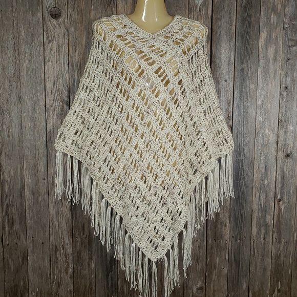 Graceful Garnet Sweaters - Off White Flecked Crochet Handmade Poncho Sweater